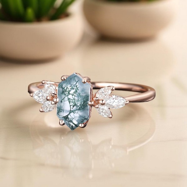 Hexagon Moss Agate Ve Beyaz Topaz Altın Yüzük MA1116