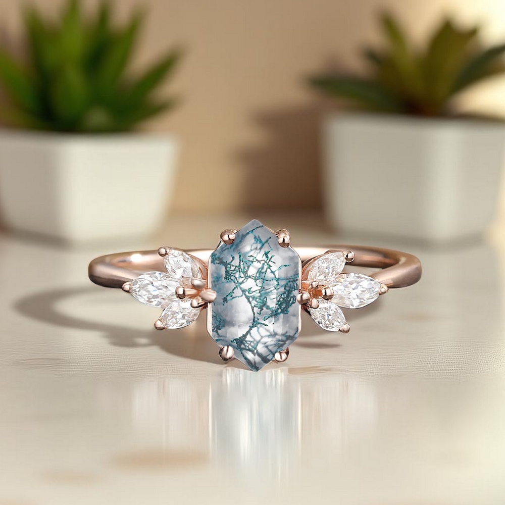 Hexagon Moss Agate Ve Beyaz Topaz Altın Yüzük MA1116
