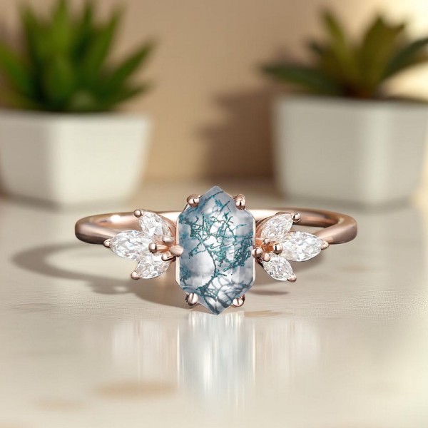 Hexagon Moss Agate Ve Beyaz Topaz Altın Yüzük MA1116