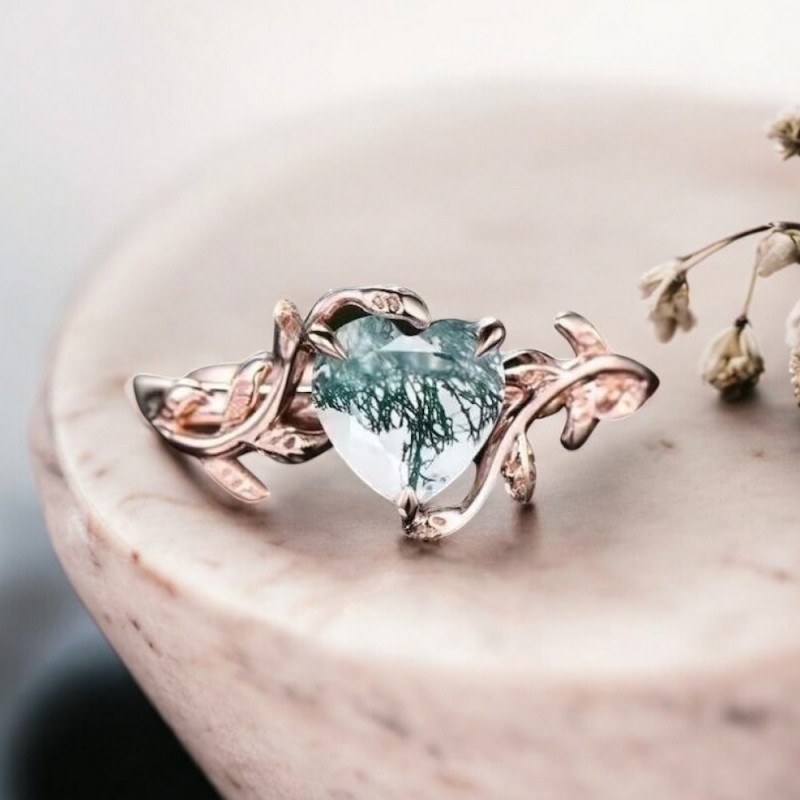 Kalp Moss Agate/Yosun Akik Yapraklı Yüzük