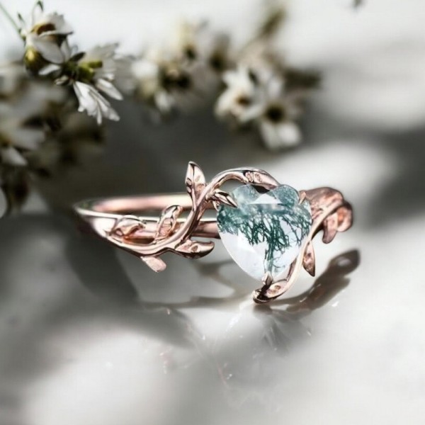 Kalp Moss Agate/Yosun Akik Yapraklı Yüzük MY2069
