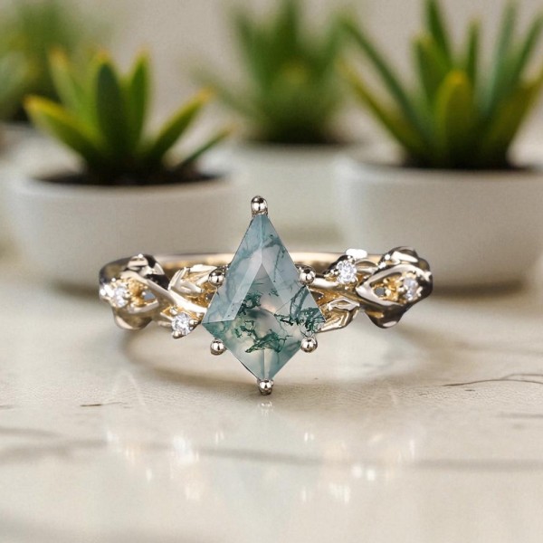 Kite Moss Agate Ve Pırlanta Yaprak Tasarım Yüzük MA1143