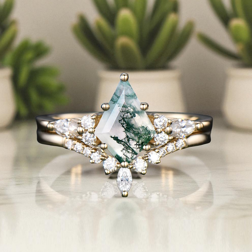 Kite Moss Agate Ve Pırlanta Özel Tasarım Set Yüzük 