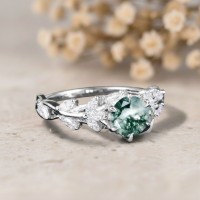 Beyaz Topaz Ve Moss Agate Taşlı Tasarım Yüzük 