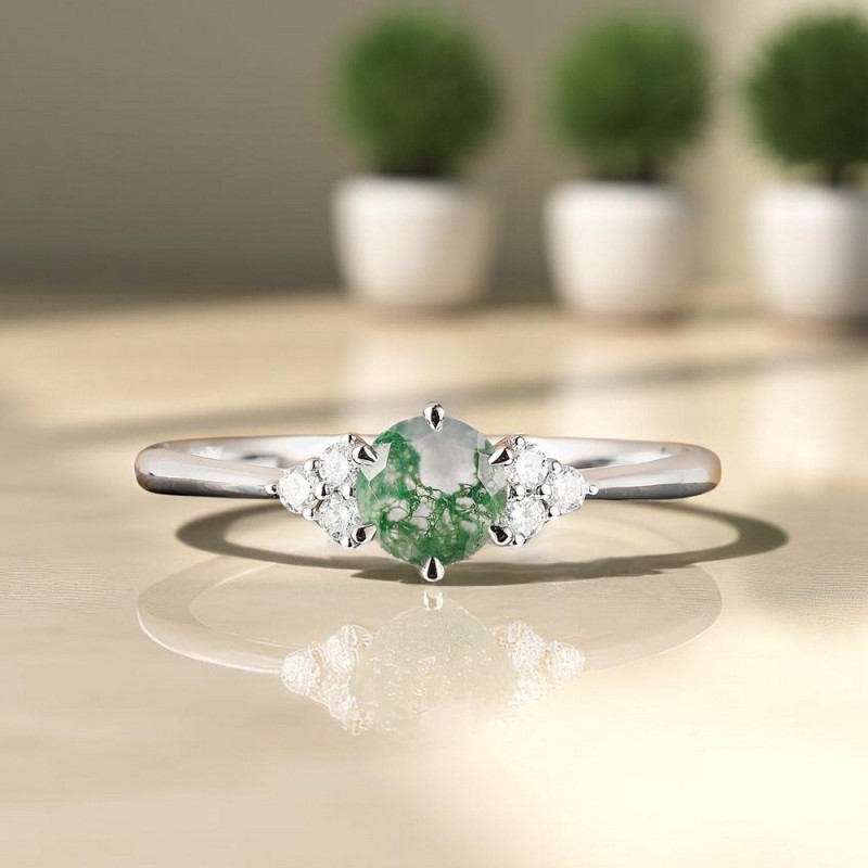 Yeşil Moss Agate Ve Pırlantalı Altın Tektaş Yüzük