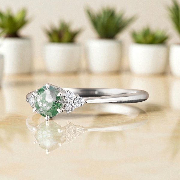 Yeşil Moss Agate Ve Pırlantalı Altın Tektaş Yüzük MA1134