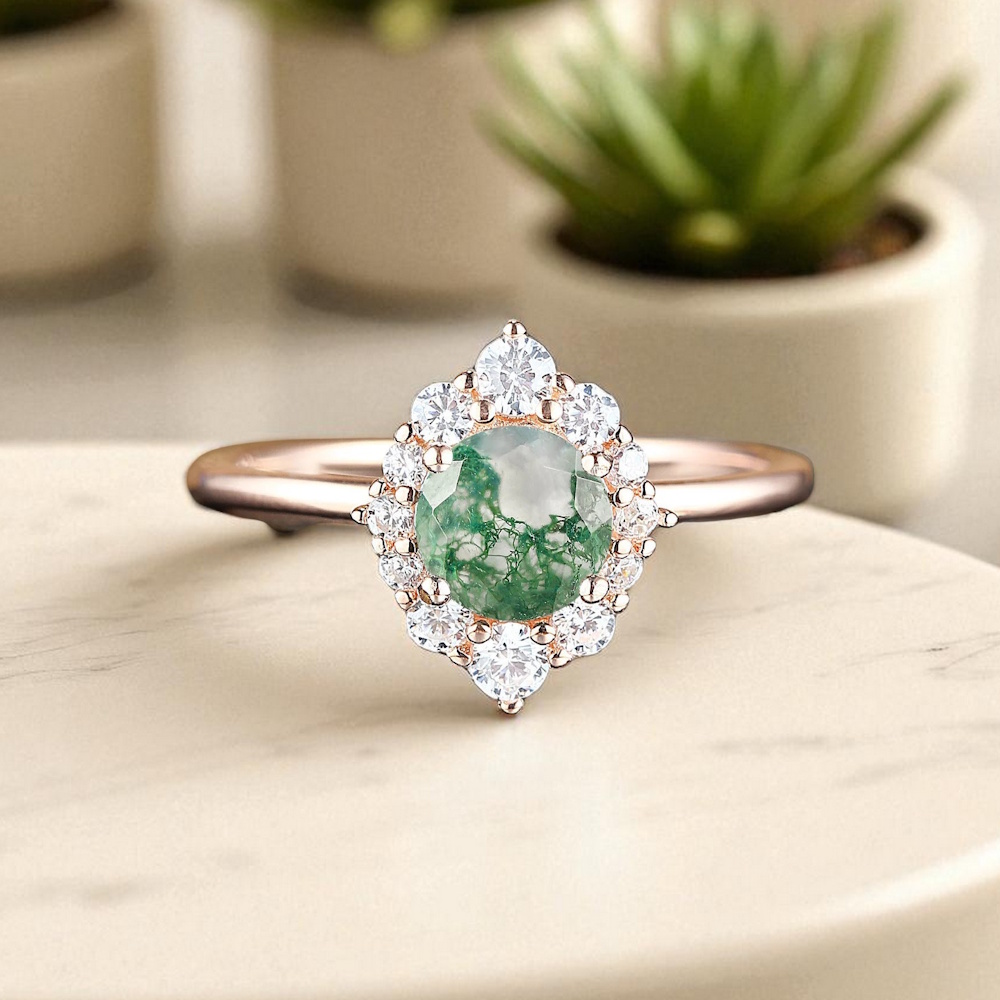 Moss Agate Ve Pırlanta Evlilik Teklifi Yüzükleri