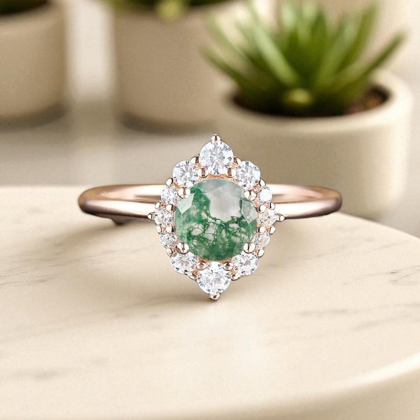 Moss Agate Ve Pırlanta Evlilik Teklifi Yüzükleri MA1104