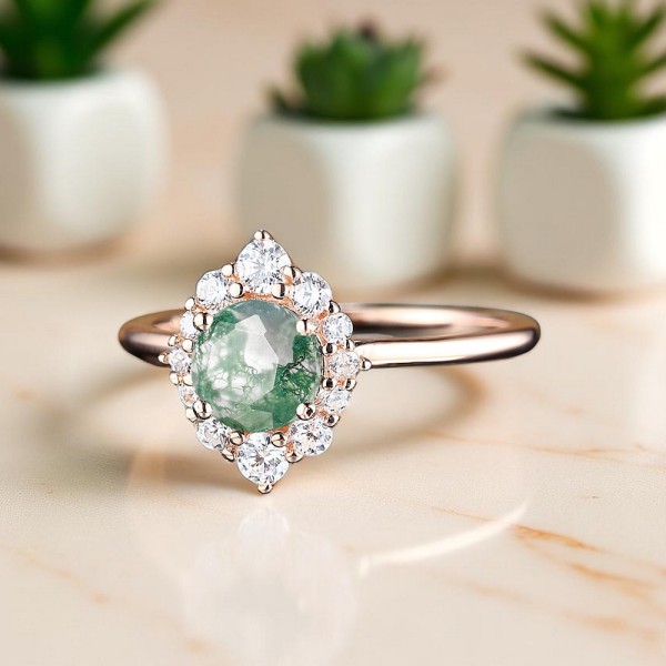 Moss Agate Ve Pırlanta Evlilik Teklifi Yüzükleri MA1104