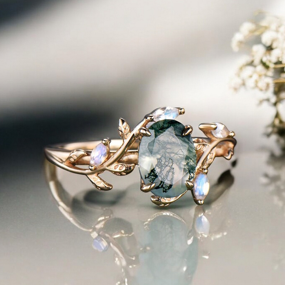 Opal Ve Oval Moss Agate Taşlı Sarmaşık Yüzük 