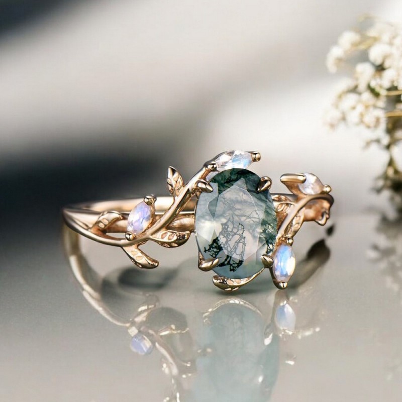 Opal Ve Oval Moss Agate Taşlı Sarmaşık Yüzük 