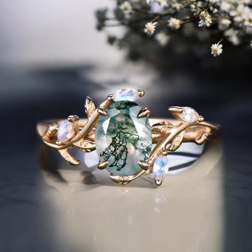 Opal Ve Oval Moss Agate Taşlı Sarmaşık Yüzük  MA1147