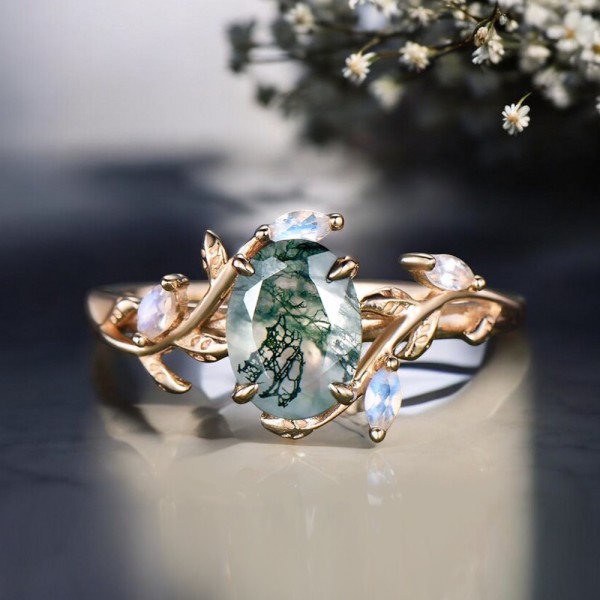 Opal Ve Oval Moss Agate Taşlı Sarmaşık Yüzük  MA1147