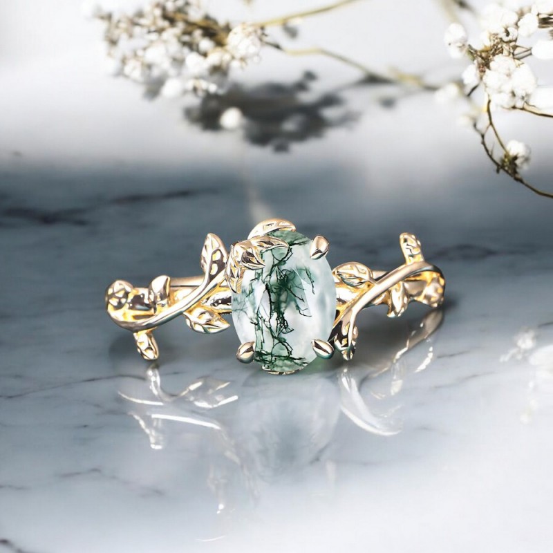 Oval Moss Agate Yaprak Tasarım Vintage Yüzük 