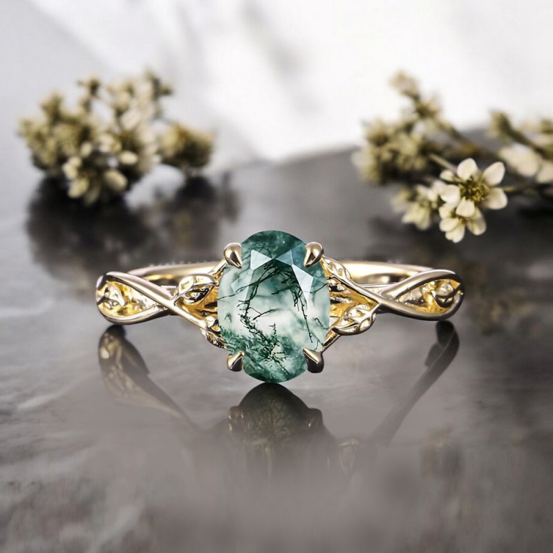 14 Ayar Altın Yaprak Tasarım Moss Agate Yüzük