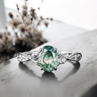 14 Ayar Altın Yaprak Tasarım Moss Agate Yüzük