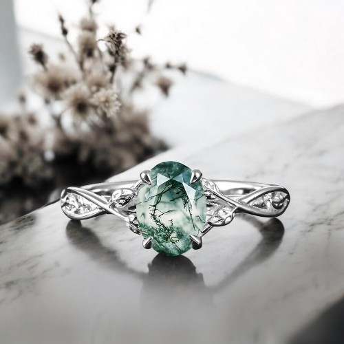 14 Ayar Altın Yaprak Tasarım Moss Agate Yüzük MA1139