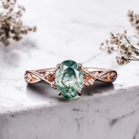 14 Ayar Altın Yaprak Tasarım Moss Agate Yüzük