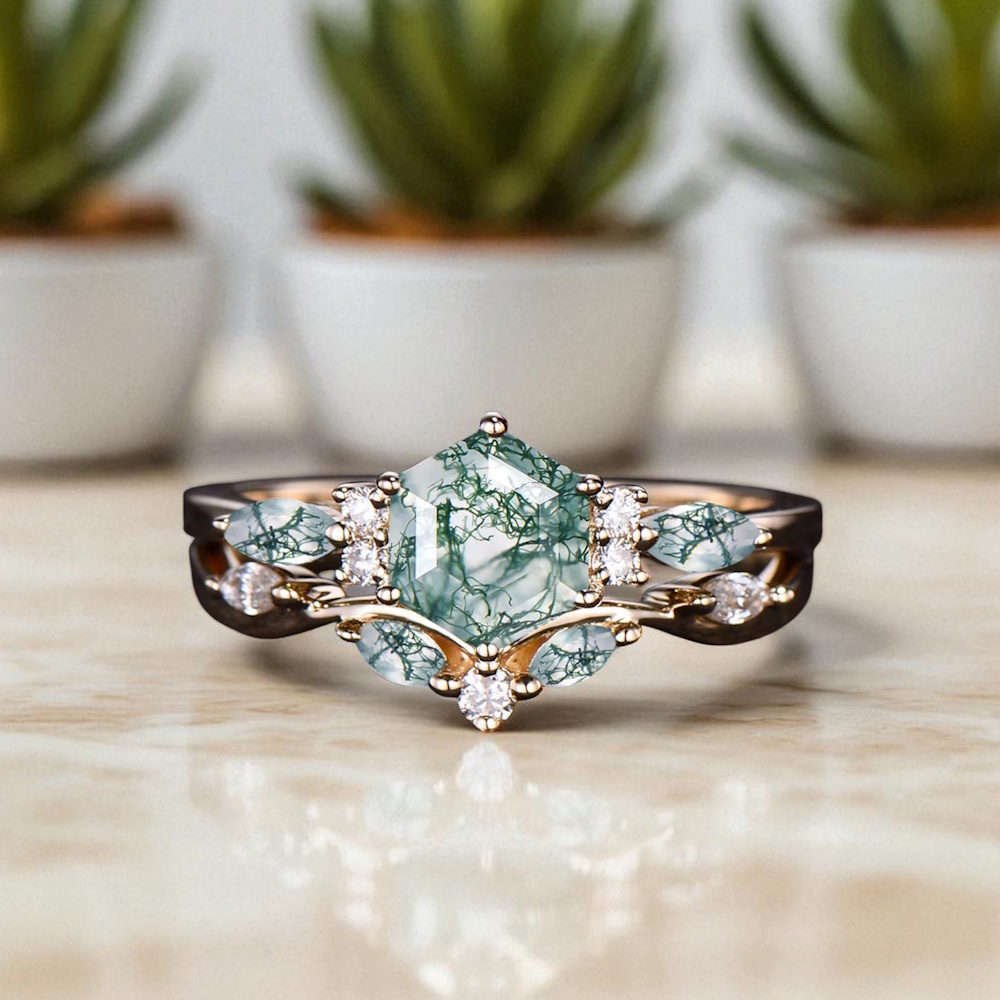 İkili Set Yüzük Moss Agate Ve Pırlanta Taşlı Altın 