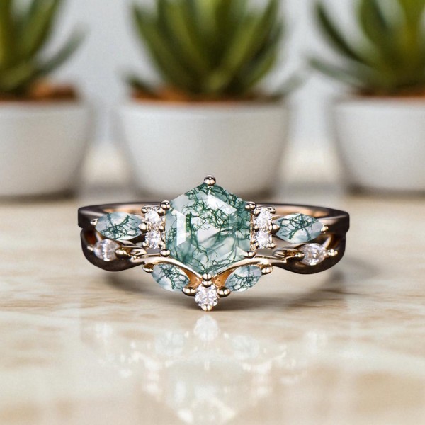 İkili Set Yüzük Moss Agate Ve Pırlanta Taşlı Altın MA1100