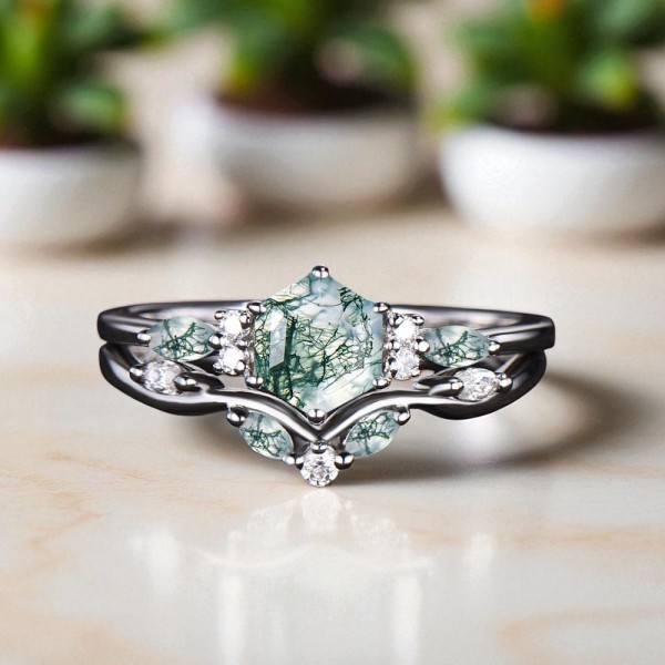 İkili Set Yüzük Moss Agate Ve Pırlanta Taşlı Altın MA1100