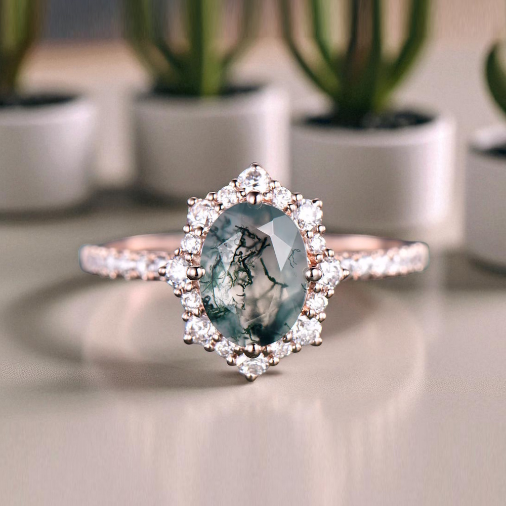 Moss Agate Ve Pırlantalı Nişan Düğün Evlilik Yüzüğü
