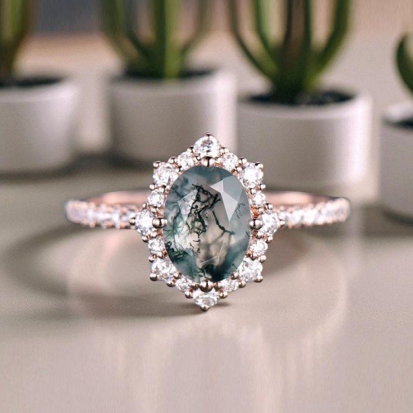 Moss Agate Ve Pırlantalı Nişan Düğün Evlilik Yüzüğü MA1112