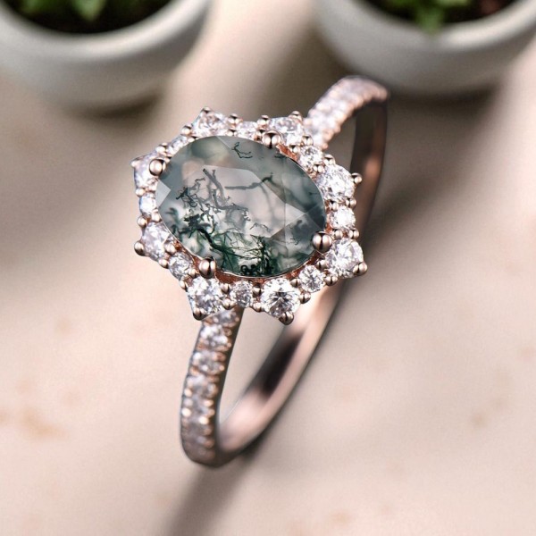 Moss Agate Ve Pırlantalı Nişan Düğün Evlilik Yüzüğü MA1112