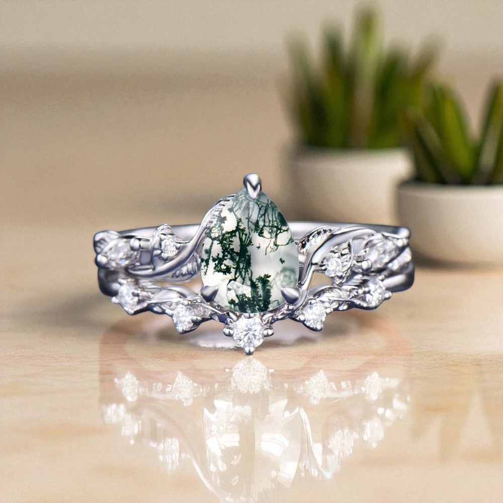 Moss Agate Ve Pırlanta Vintage İkili Set Yüzük