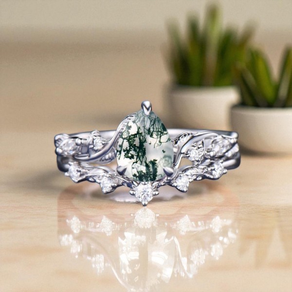 Moss Agate Ve Pırlanta Vintage İkili Set Yüzük MA1137