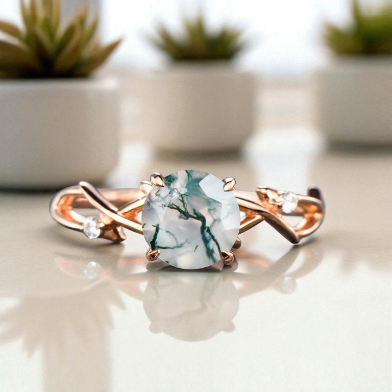 Moss Agate/Yosun Akik Ve Pırlantalı Tektaş Yüzük 