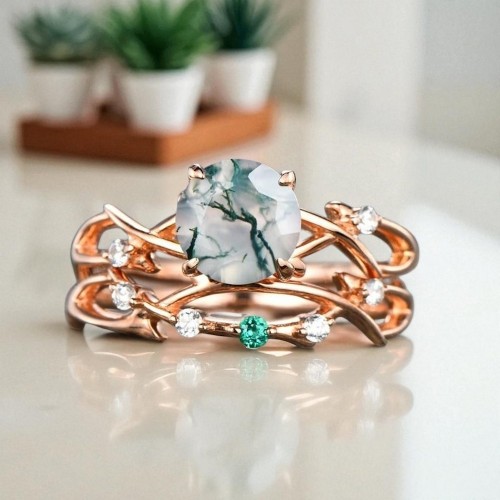 Pırlantalı Tektaş Yüzük Moss Agate/Yosun Akik MY2066