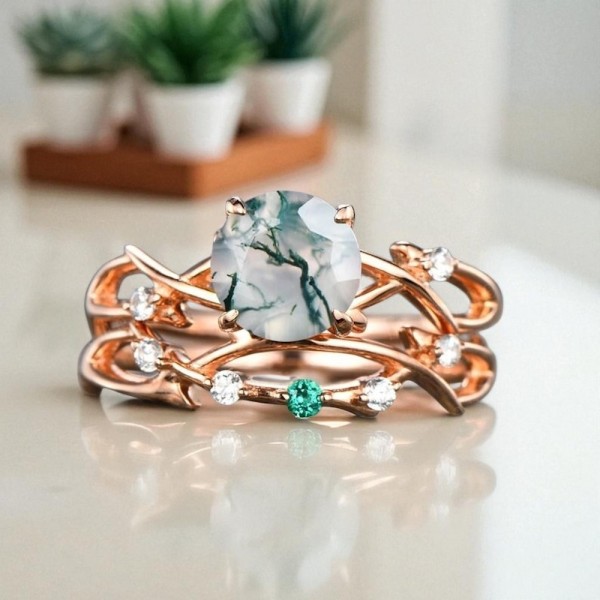 Pırlantalı Tektaş Yüzük Moss Agate/Yosun Akik MY2066