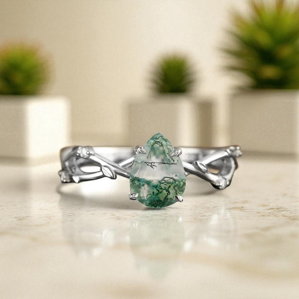 Yapraklı Dal Tasarım Moss Agate Ve Pırlanta Yüzük