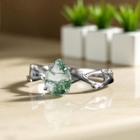 Yapraklı Dal Tasarım Moss Agate Ve Pırlanta Yüzük