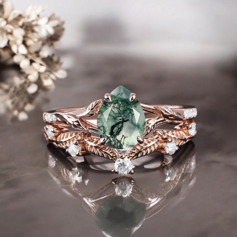 Damla Moss Agate Ve Pırlantalı İkili Set Yüzük 