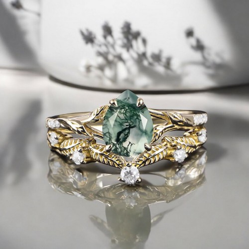 Damla Moss Agate Ve Pırlantalı İkili Set Yüzük MA1125