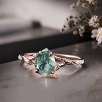 Damla Moss Agate Ve Pırlantalı İkili Set Yüzük 