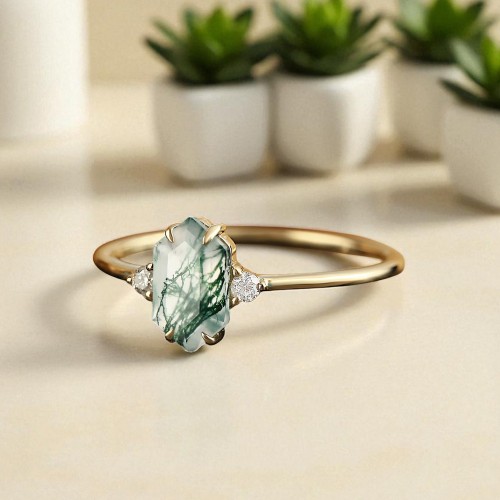 Uzun Altıgen Moss Agate Ve Pırlanta Tektaş Yüzük MA1131
