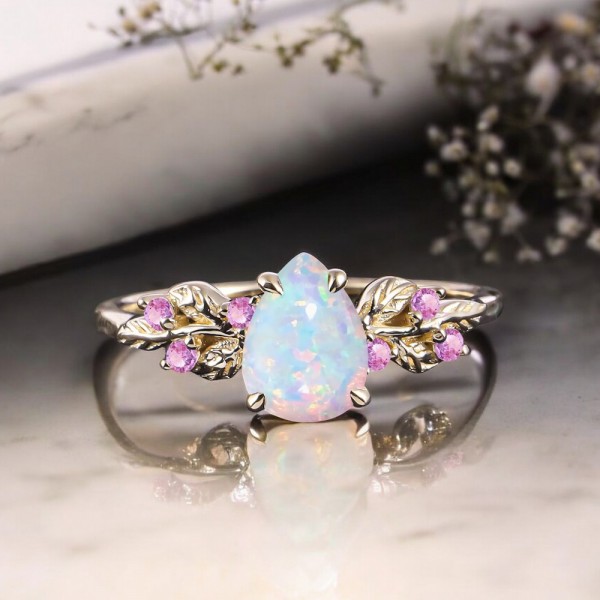 Damla Opal Ve Pembe Safir Taşlı Tasarım Yüzük AD1142