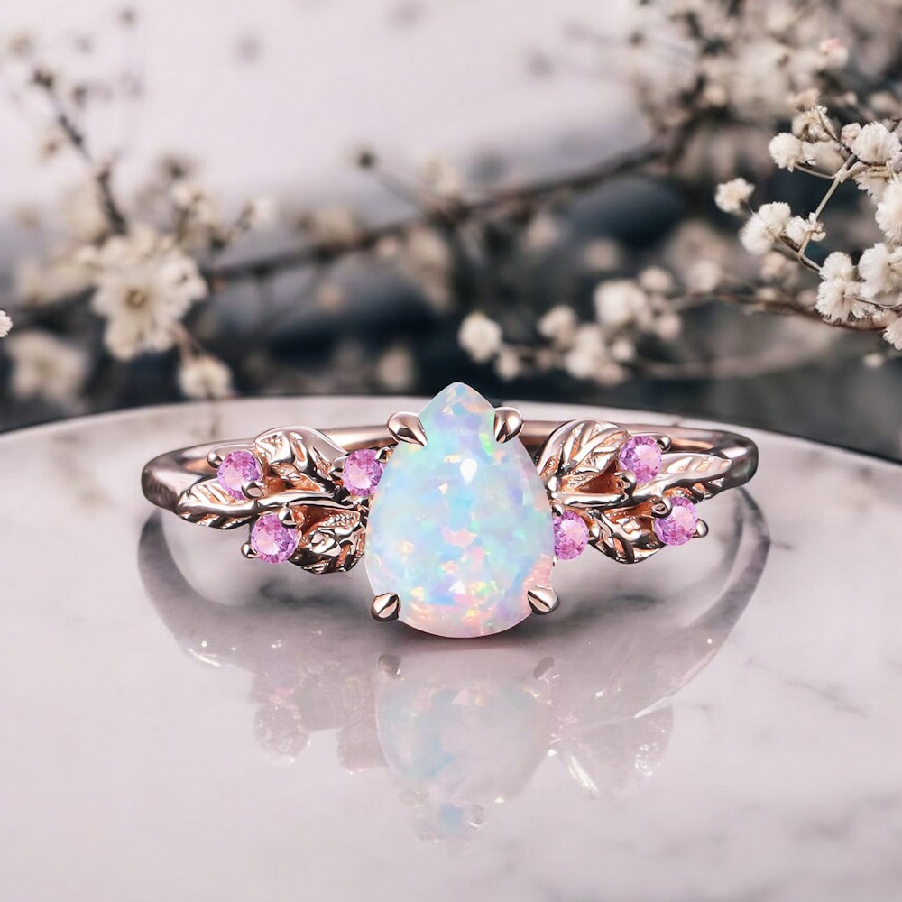 Damla Opal Ve Pembe Safir Taşlı Tasarım Yüzük 