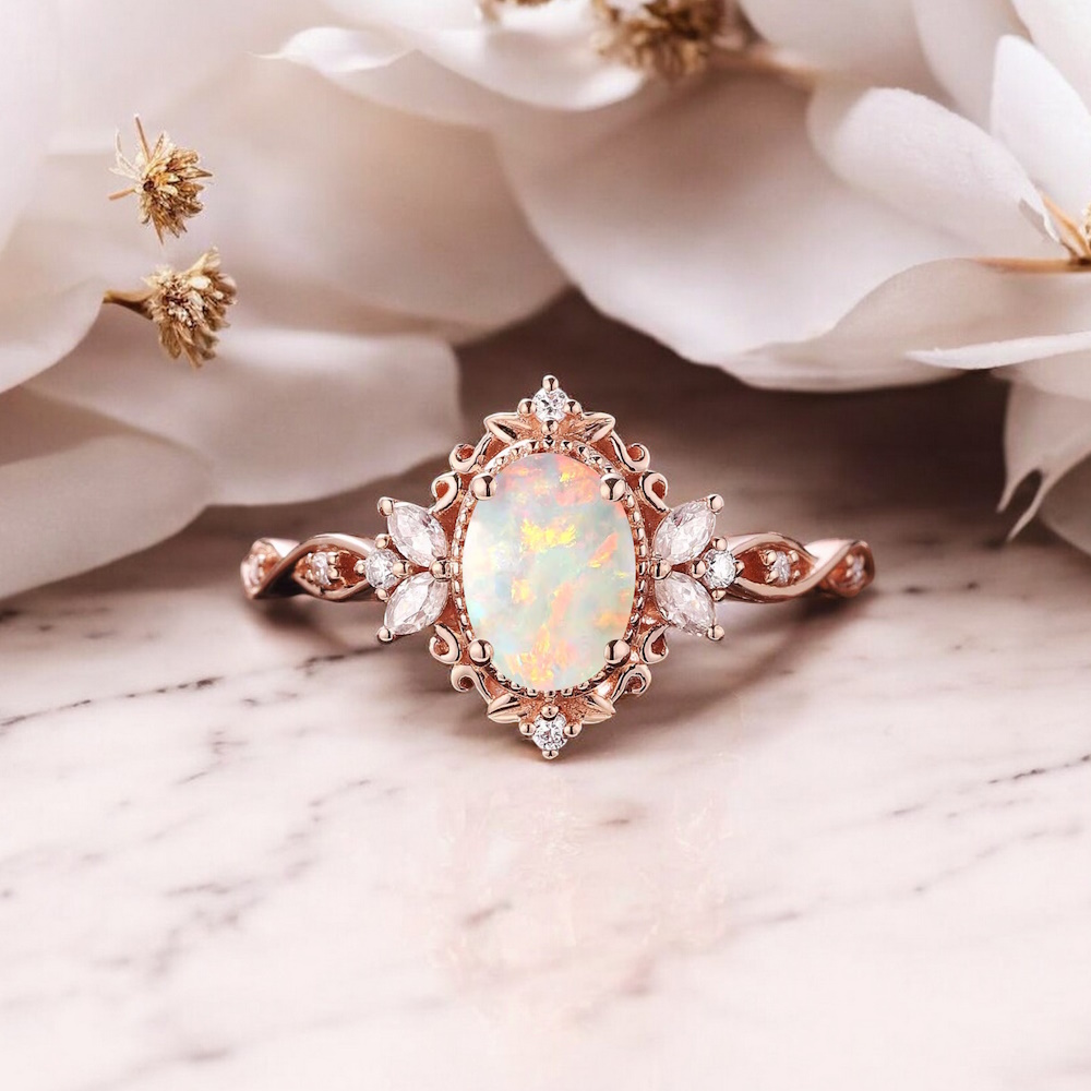 Opal Ve Pırlantalı Vintage Tasarım Yüzük