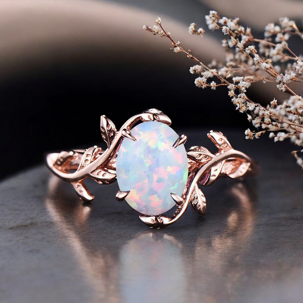 Oval Opal Taşlı Yaprak Tasarım Altın Yüzük 