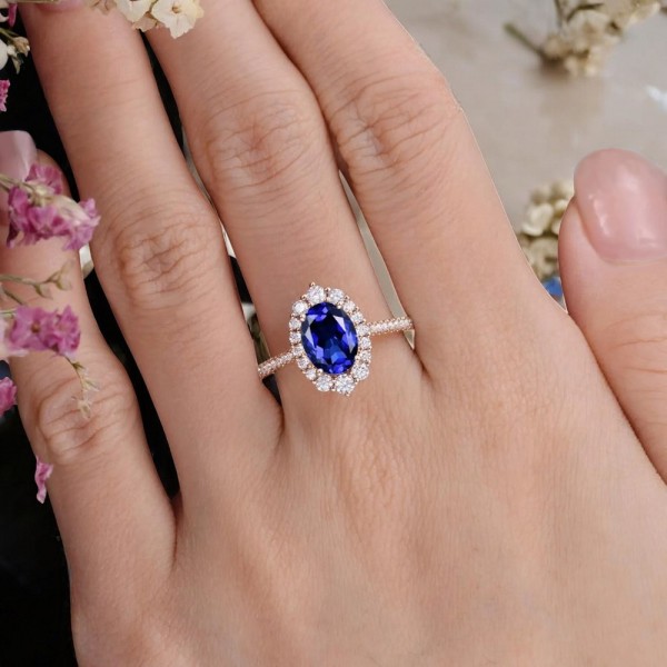 Oval Safir Ve Pırlanta Halo Tektaş Yüzük AD1370