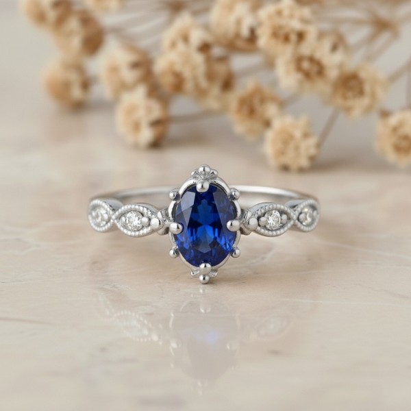 Gerçek Safir Ve Pırlanta Vintage Tektaş Yüzük MY3950