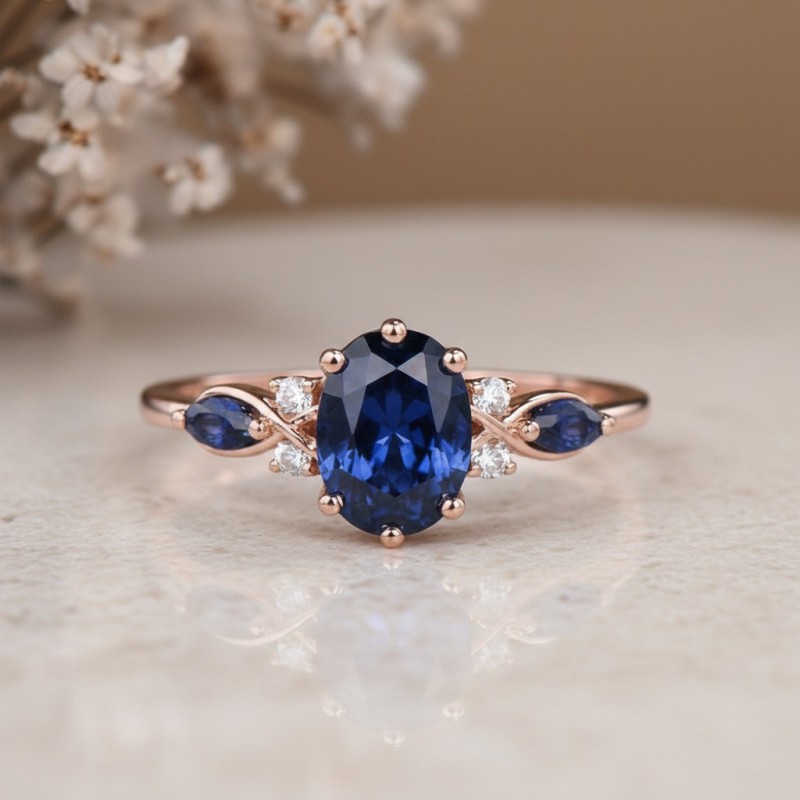 Evlilik Teklifi Yüzüğü Oval Safir Ve Pırlantalı 