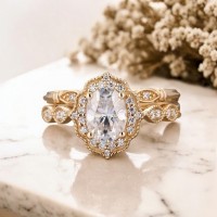Oval Beyaz Safir Ve Pırlantalı Vintage İkili Set Yüzük 