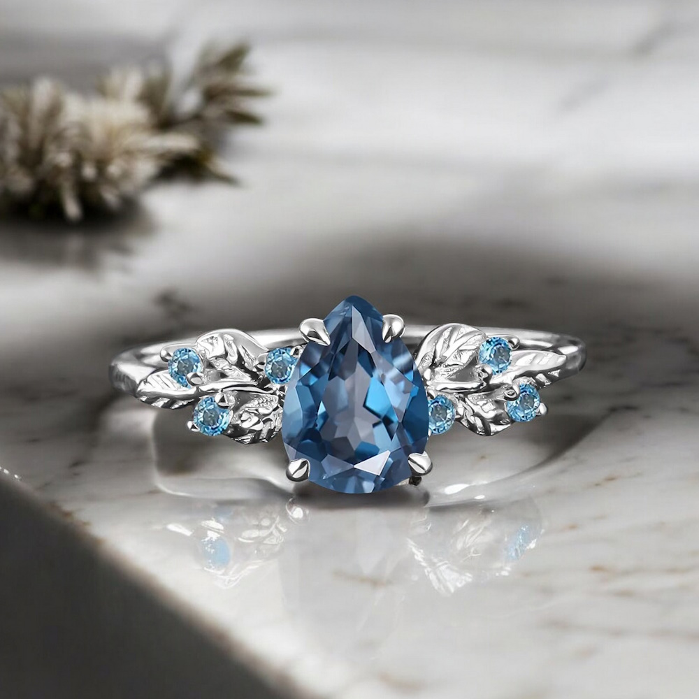 Damla London Blue Topaz Yaprak Tasarım Yüzük 