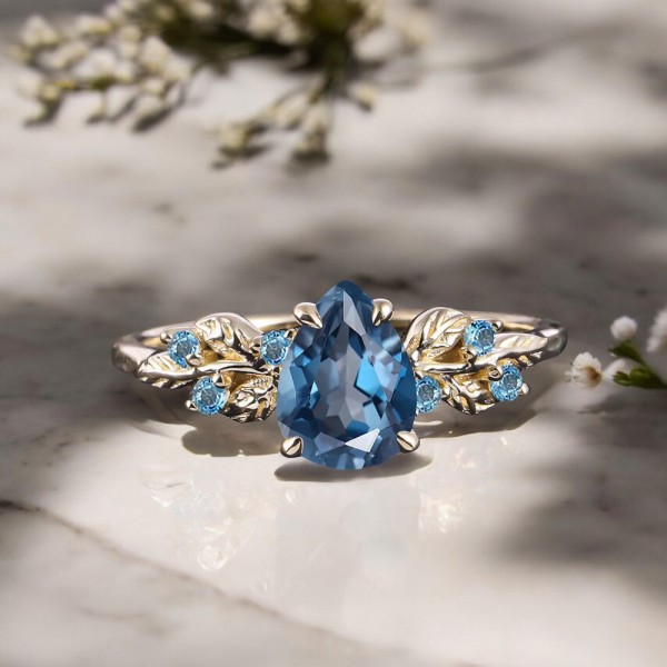 Damla London Blue Topaz Yaprak Tasarım Yüzük AD1181