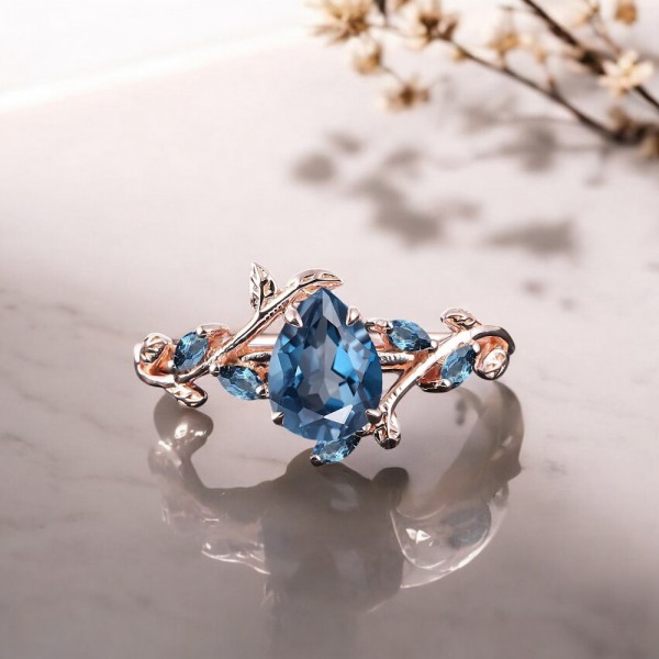 London Blue Topaz Yaprak Tasarım Yüzük MY0506